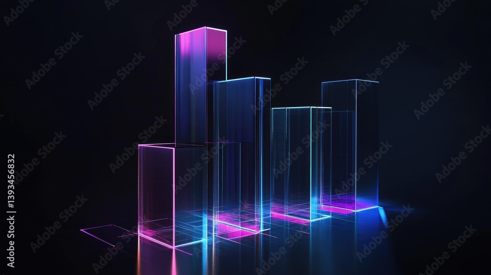 Poster a digital d bar chart with glowing edges and deep shadows, set against a dark background, representi