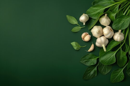 Fresh garlic bulbs and spinach leaves arranged on a dark green background ready for cooking