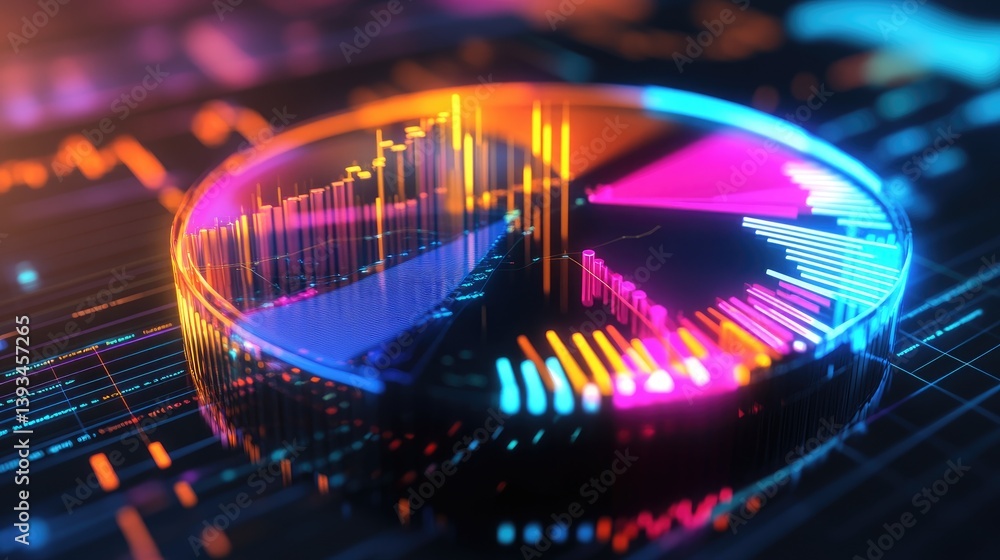 Aufkleber a dynamic d pie chart with glowing segments, illustrating various financial metrics, with depth and 