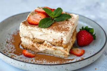 Layers of creamy dessert with strawberries and mint arranged on a plate, ideal for sweet indulgence