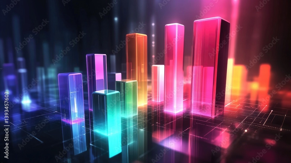 Poster a futuristic d bar graph with glowing edges and vibrant colors, set in a digital environment, repres