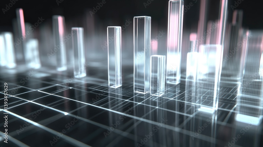 Poster a futuristic d bar graph with transparent bars of varying heights, hovering over a digital grid, rep