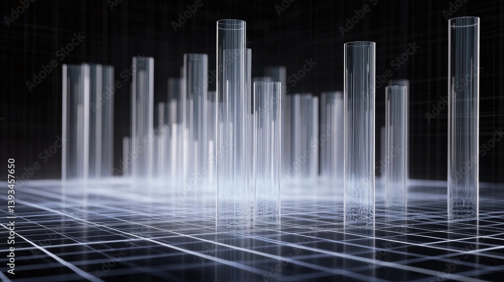 Poster a futuristic d bar graph with transparent bars of varying heights, hovering over a digital grid, rep