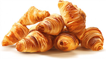 Flaky, layered croissants, freshly baked in a French style, displayed on a white backdrop.  