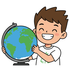 Fototapeta premium Cute Boy Holding Globe – Geography Education Vector