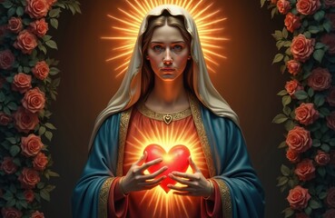 Illustration features Immaculate Heart of Holy Mary, surrounded by roses. Holds glowing heart radiating light love, compassion. Religious symbol of faith, devotion, Christianity. AI-generated