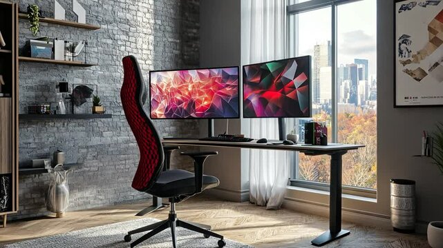Ergonomic workstation setup with dual monitors, modern chair and city view background