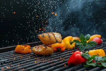 Grilling fresh vegetables and seafood on a barbecue with smoke and seasoning at an outdoor kitchen