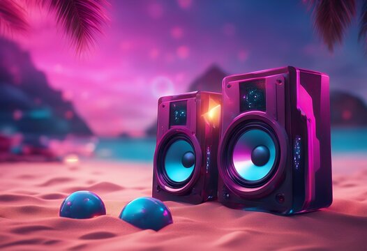 template speaker cyberpunk render party night light summer banner neon promotion illustration sound beach futuristic concept poster 3d invitation loudspeaker bar disco modern blue geometric 80s flier
