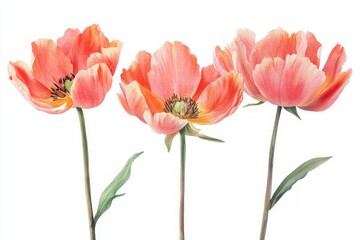 Fototapeta premium Three orange and pink watercolor poppy flowers with green stems and leaves, painted in botanical style.