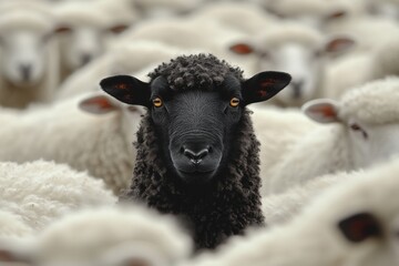 Unique black sheep stands out among a flock of white sheep in a lush green meadow on a sunny day