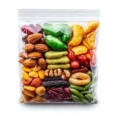 Energy Snack Packs, Clear Bag of Mixed Healthy Snacks with Realistic Texture and Ultra Realistic Lighting Isolate on white background, energy snack packs advertising shots, mixed energy snack packs