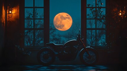 Motorcycle parked indoors with a large moon visible through a window at night.