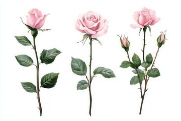 Three elegant pink rose stems with green leaves and buds, illustrated in detailed watercolor style on white.
