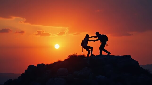 Silhouette of hikers helping each other on mountain at sunset