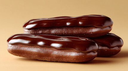 Freshly made chocolate clairs covered in a shiny chocolate glaze.  