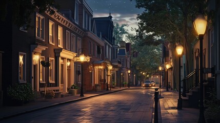 Fototapeta premium A quiet, picturesque street lined with charming old buildings and softly glowing street lamps, capturing the serene beauty of a nighttime neighborhood.