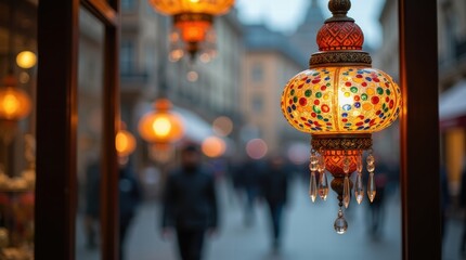 Vibrant mosaic lanterns illuminating a busy urban street at twilight