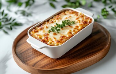 Baked Macaroni and Cheese in White Dish on Wood Tray