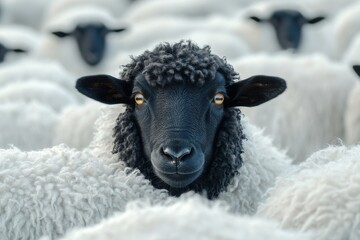 Naklejka premium Unique black sheep stands out amidst a flock of fluffy white sheep in a sunlit pastoral landscape