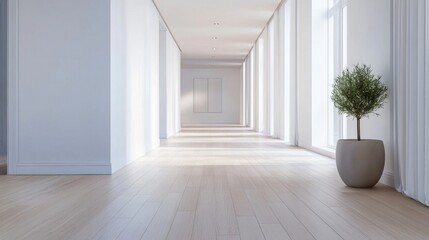 A spacious hallway in a minimalist home, featuring white walls, wooden flooring, and minimal decor, emphasizing simplicity and the beauty of open space.
