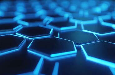 Obraz premium Abstract blue glowing hexagon background. 3d rendering. Neon light illuminates dark hexagons. Futuristic geometric tech design, cyberspace, connection, network.