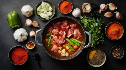 A step-by-step cooking process, with ingredients being added to a pot, including spices,...