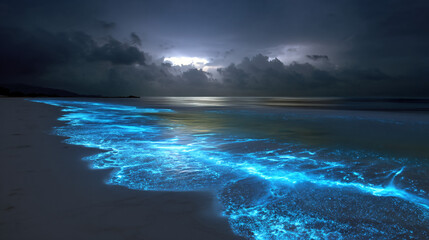 Fototapeta premium Glowing plankton created an otherworldly blue light on the beach at night, appearing against a white backdropa beautiful natural event. 