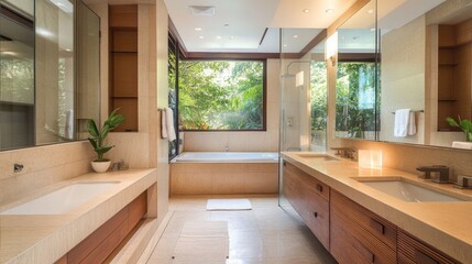 A stylish minimalist bathroom with a floating vanity, large mirror, and walk-in shower, featuring clean lines and a serene, clutter-free design.
