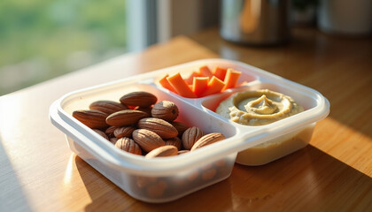 Wholesome meal prep container with almonds, apple slices, and hummus with veggie sticks on wooden countertop in soft natural light