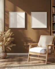 Warm, sunlit living room with two blank frames and a comfortable armchair