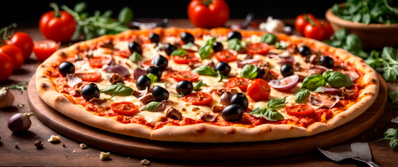 Delicious pizza topped with fresh ingredients on rustic wooden table Generative AI