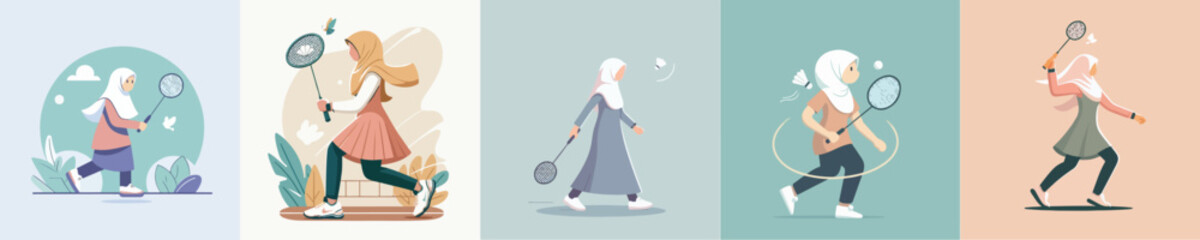 vector of hijab woman playing badminton