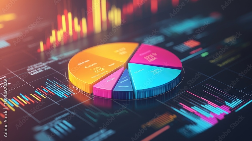 Poster a vibrant d pie chart with various financial segments in different colors, floating above a digital 