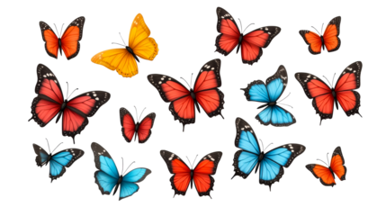 Colorful butterflies, set of flying insects, orange red blue yellow , cut out transparent