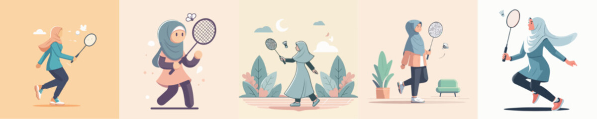vector of hijab woman playing badminton