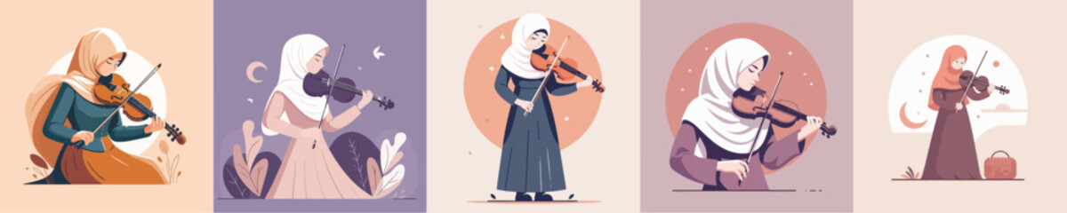 vector of a woman in hijab playing the violin