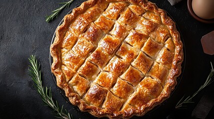 Golden lattice pie with crisp crust and juicy filling. Traditional British pastry on dark background. Perfectly baked comfort food. Homemade dessert for British Pie Week celebration
