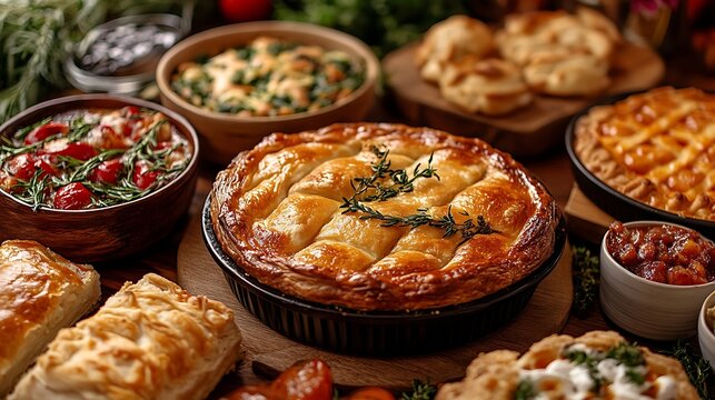 Golden pie with thyme garnish surrounded by rustic dishes. Cozy and hearty British meal. Homemade pastry served with sides. Festive and traditional table. British Pie Week concept