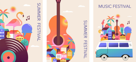 Colorful geometric summer festival templates for poster or banner. Summer time fun concept design with vinyl record, guitar and minivan on city life background. Vector illustration