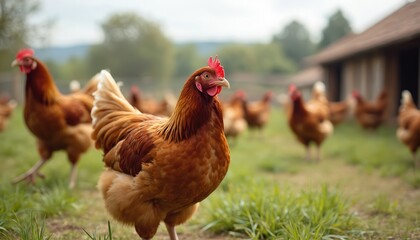 Fototapeta premium Brown chickens in farm field. Free-range hen walking outdoors. Sustainable egg production, organic food production. Poultry industry, domestic fowl. Chicken coop background, agriculture.