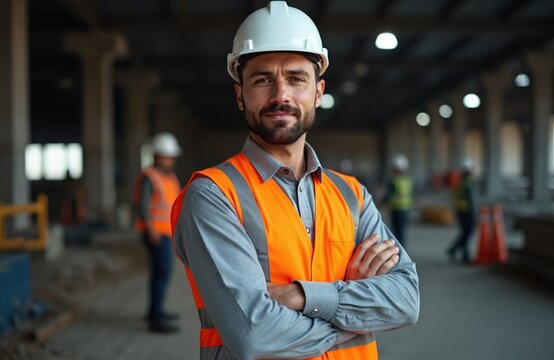Smiling confident construction worker with crossed arms on building site. Engineer, architect wearing safety helmet, high-visibility vest. Construction industry, infrastructure development project,