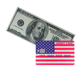 Plastic credit card with the US flag lying on a $100 bill on a transparent background (close-up). Online payment by credit card for purchases in online stores
