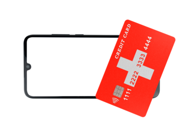 Plastic credit card with the image of the Swiss flag lies on a smartphone with a blank screen (close-up on a transparent background). Online payment by credit card for purchases in an online store