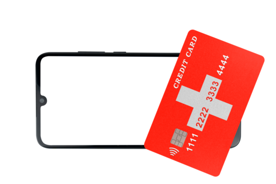 Plastic credit card with the image of the Swiss flag lies on a smartphone with a blank screen (close-up on a transparent background). Online payment by credit card for purchases in an online store