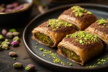 Delicious pistachio baklava slices topped with cocoa powder and chopped nuts on black plate.