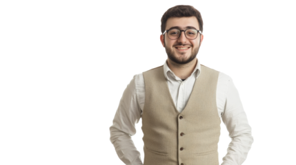 Taxi driver in button-up shirt and vest posing confidently urban setting gigapixel image professional viewpoint