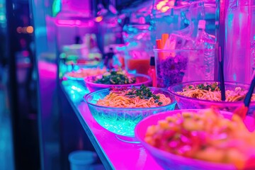Neon-lit food stall showcasing vibrant bowls of noodles and other dishes.