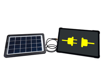 Portable solar panel connected to tablet pc isolated on transparent background (close-up). On the tablet pc screen there is an icon symbolizing an electrical connection