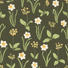 Delicate botanical vector seamless pattern with white daffodils and yellow primrose blooms on dark olive background. Vintage meadow floral design for cottage style textiles and wallpaper